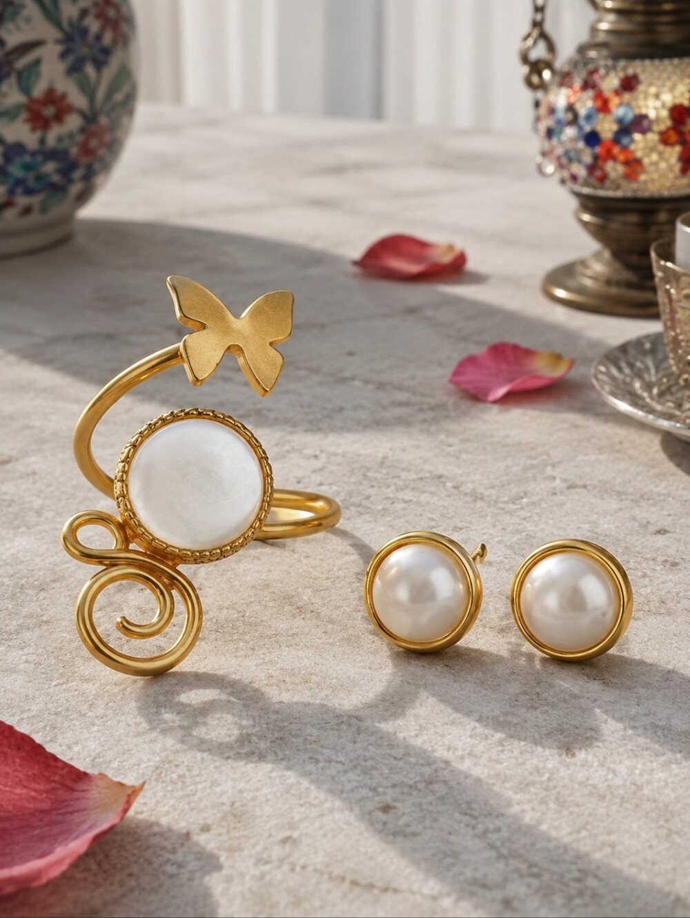 24K Gold Plated Turkish Mother of Pearl Butterfly Ring Earrings Set Coquette 7-9